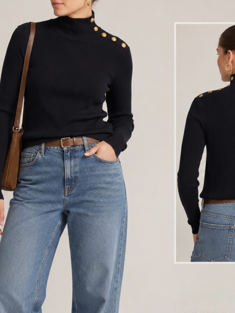 J. Crew Black Ribbed Turtleneck Sweater with Gold Shoulder Buttons